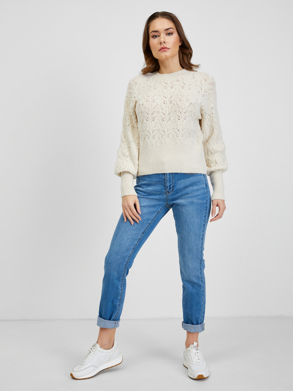 Orsay Cremefarbener gemusterter Damenpullover mit Ballonärmeln ORSAY