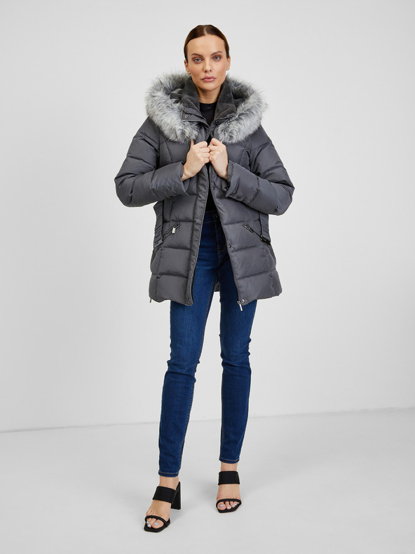 Orsay Dunkelgraue Damen-Winter-Steppjacke mit Gürtel ORSAY