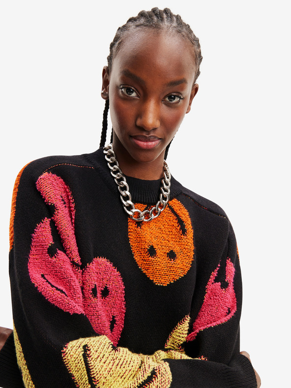 Desigual Schwarzer Desigual Smiley gemusterter Pullover für Damen in Übergröße