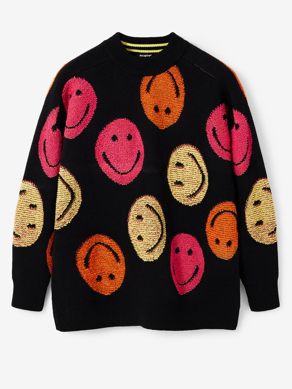 Desigual Schwarzer Desigual Smiley gemusterter Pullover für Damen in Übergröße
