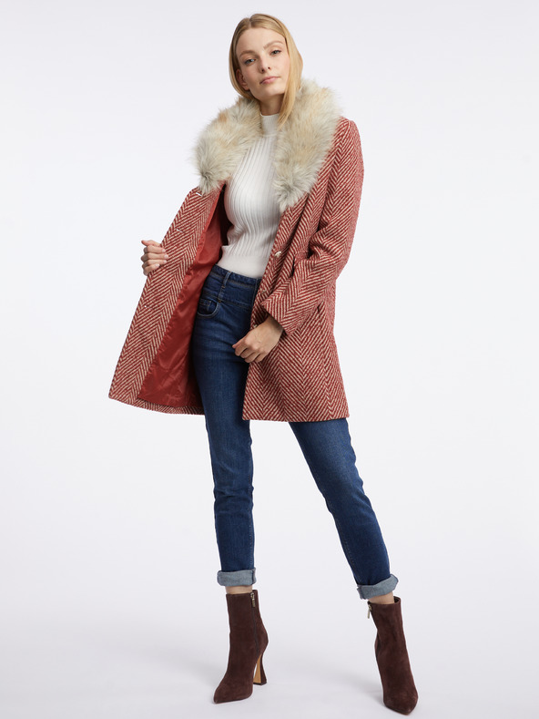 Orsay Roter gemusterter Damenmantel mit Kunstpelz ORSAY