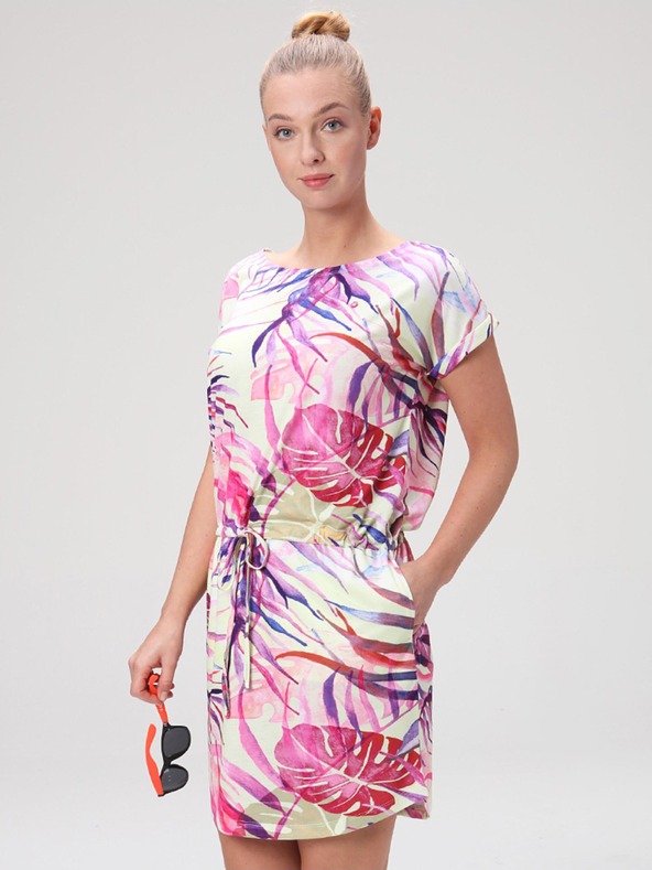 Loap Grünes und rosa Damen-Sommerkleid mit tropischem Muster LOAP ANUMA