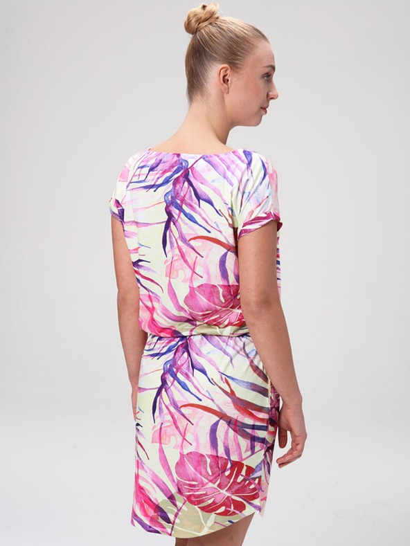 Loap Grünes und rosa Damen-Sommerkleid mit tropischem Muster LOAP ANUMA