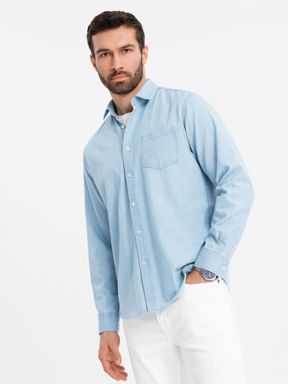Ombre Clothing Herrenhemd aus besticktem Denim mit Tasche - hellblau Ombre Clothing