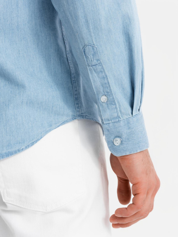 Ombre Clothing Herrenhemd aus besticktem Denim mit Tasche - hellblau Ombre Clothing