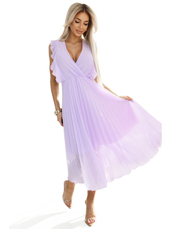 numoco 315-7 EMILY Plissiertes Kleid mit Volants und Ausschnitt - Heidefarben