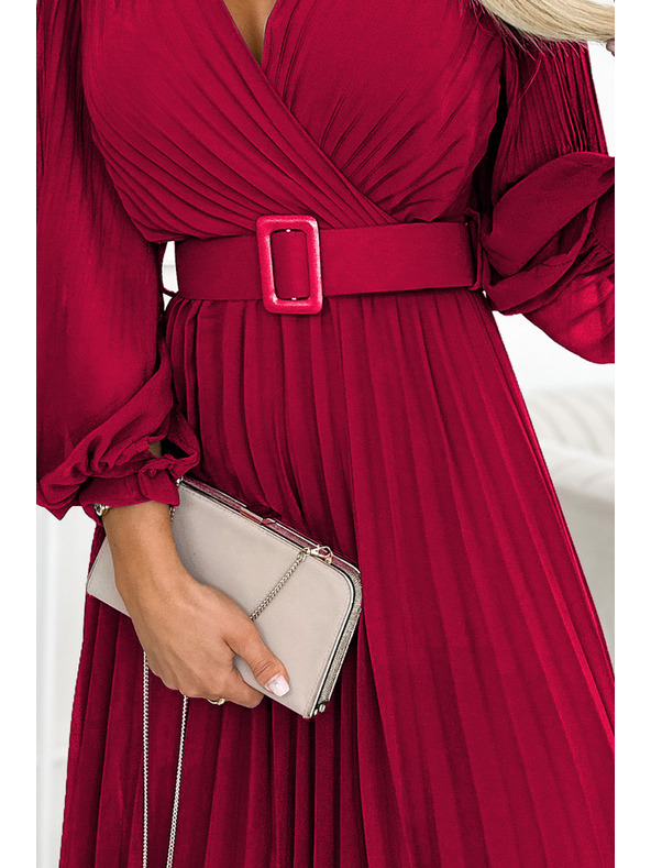 numoco 414-9 KLARA Gerafftes Kleid mit Gürtel und Ausschnitt - Weinrot