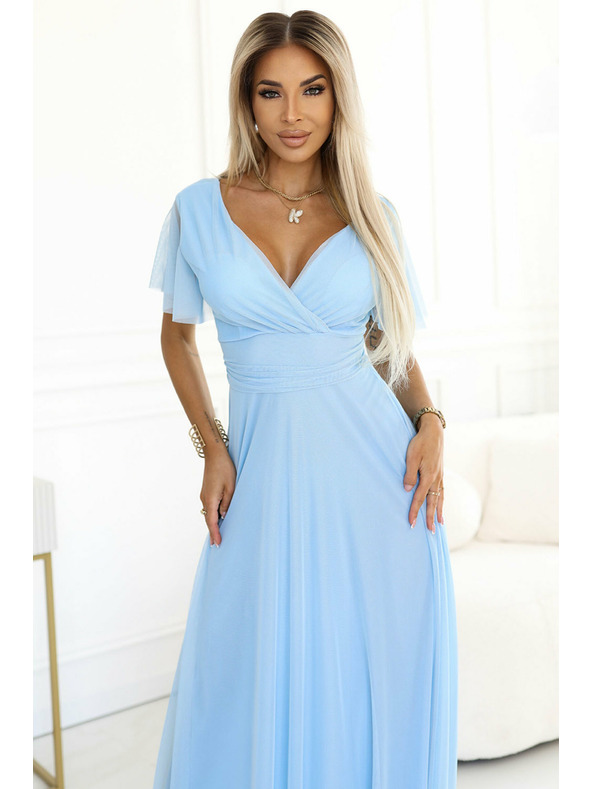 numoco 562-5 NASTIA Langes Kleid mit Ausschnitt und kurzen Ärmeln - hellblau