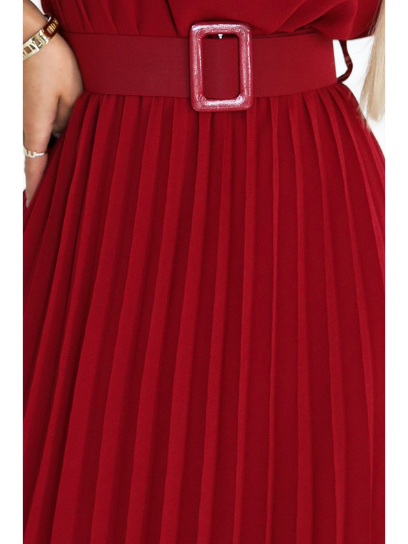 numoco 465-5 MIA Plissiertes Chiffon-Midi-Kleid mit breitem Gürtel - weinrot