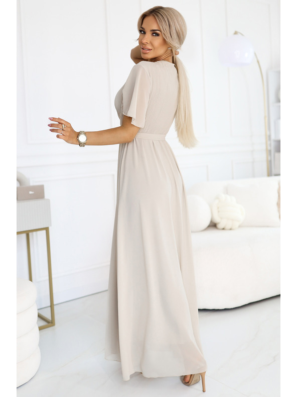 numoco 545-3 Langes Kleid mit plissiertem Ausschnitt und Bindung - beige