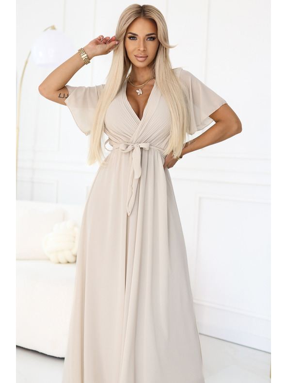 numoco 545-3 Langes Kleid mit plissiertem Ausschnitt und Bindung - beige