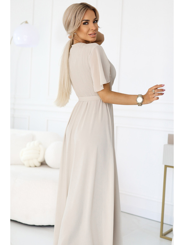 numoco 545-3 Langes Kleid mit plissiertem Ausschnitt und Bindung - beige