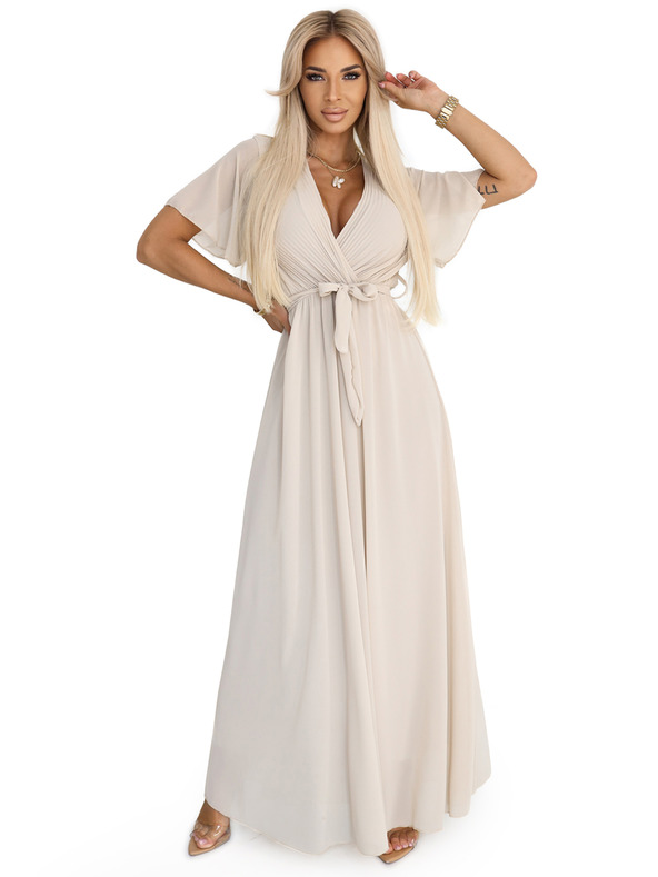 numoco 545-3 Langes Kleid mit plissiertem Ausschnitt und Bindung - beige