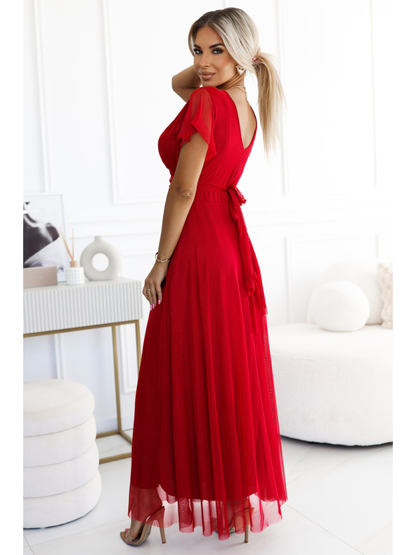 numoco 562-7 NASTIA Langes Kleid mit Ausschnitt und kurzen Ärmeln - rot