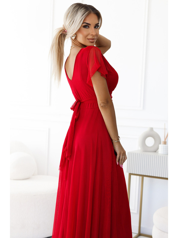 numoco 562-7 NASTIA Langes Kleid mit Ausschnitt und kurzen Ärmeln - rot