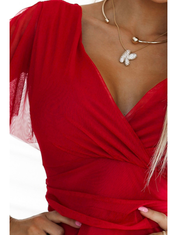 numoco 562-7 NASTIA Langes Kleid mit Ausschnitt und kurzen Ärmeln - rot