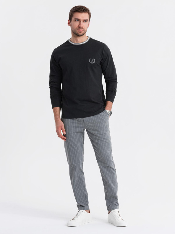 Ombre Clothing Herren-Langarm-T-Shirt aus Baumwolle, gestreiftem U-Ausschnitt und Stickerei Ombre Clothing