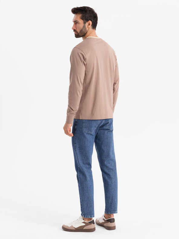 Ombre Clothing Herren-Langarm-T-Shirt aus Baumwolle, gestreiftem U-Ausschnitt und Stickerei Ombre Clothing