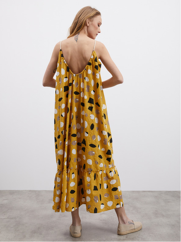 ZOOT.lab Senfgelbes gemustertes Damen Maxikleid mit Rüsche ZOOT.lab Grete