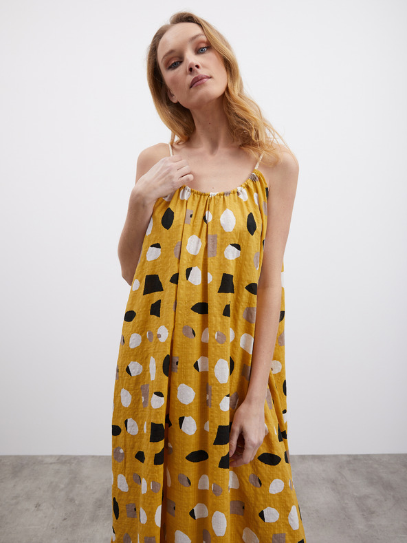 ZOOT.lab Senfgelbes gemustertes Damen Maxikleid mit Rüsche ZOOT.lab Grete