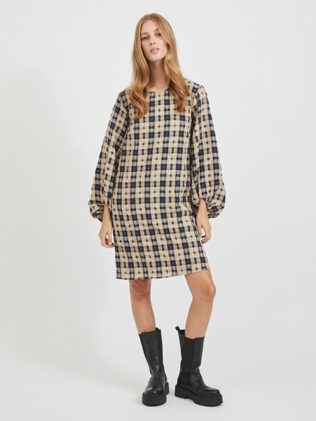Vila Schwarz-beiges Damen-Kariertes Kleid mit Ballonärmeln VILA Demia