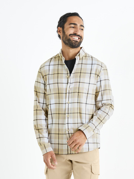 Celio Weiß-beige kariertes Herrenhemd Celio