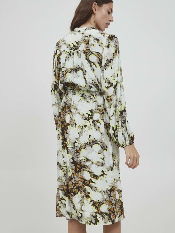 ICHI Braun-weißes geblümtes Kleid mit Krawatte ICHI