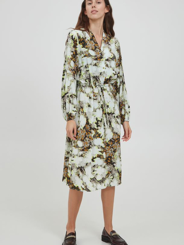 ICHI Braun-weißes geblümtes Kleid mit Krawatte ICHI