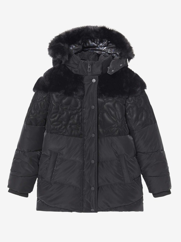 Desigual Schwarze gemusterte Winterjacke für Mädchen mit Kapuze und Kunstfell Desigual Kids Exterior