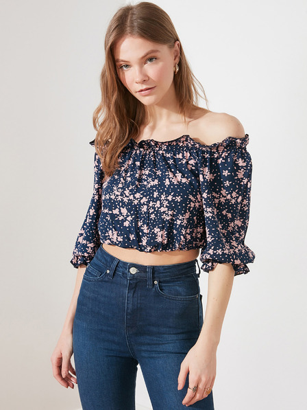 Trendyol Dunkelblaue geblümte Kurzbluse mit ausgestellten Schultern Trendyol