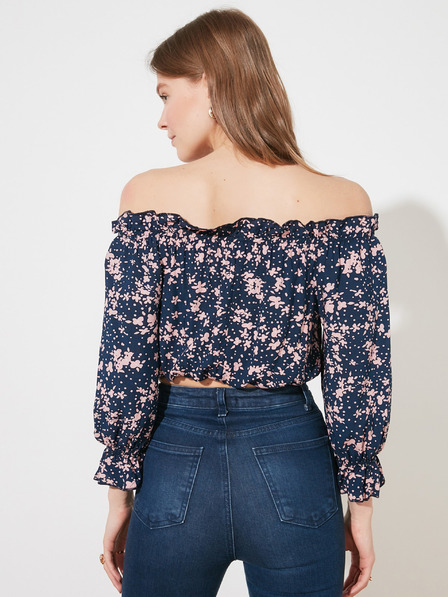 Trendyol Dunkelblaue geblümte Kurzbluse mit ausgestellten Schultern Trendyol