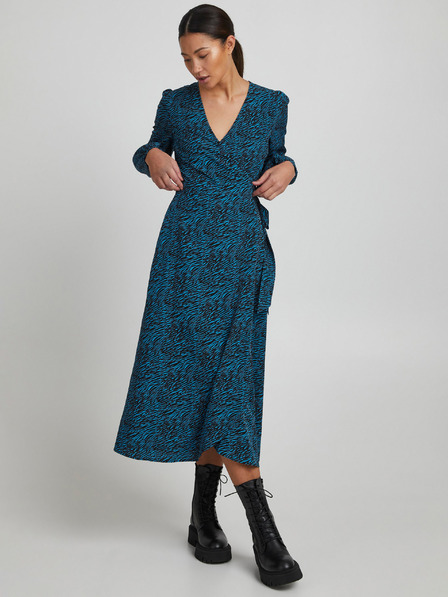 ICHI Blaues Midikleid mit Wickelmuster ICHI