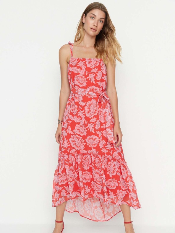 Trendyol Rotes, geblümtes Midikleid mit Riemchen Trendyol