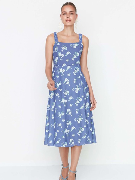 Trendyol Blaues geblümtes trägerloses Midikleid mit Schlitz Trendyol