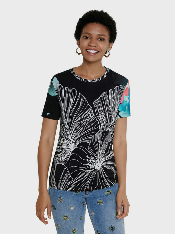 Desigual Schwarzes Desigual TS Leaves Gemustertes T-Shirt für Frauen