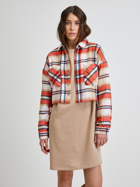 Noisy May Orange und beige kariertes Kurzarmhemd Noisy May Flanny