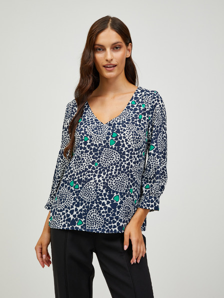 CAMAIEU Weiß und blau gemusterte Bluse mit Dreiviertel-Ärmeln CAMAIEU