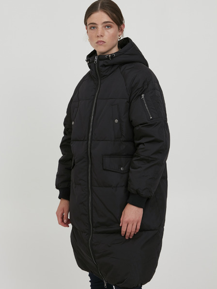ICHI Schwarzer gesteppter Oversize-Mantel mit Kapuze ICHI