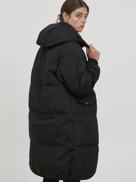 ICHI Schwarzer gesteppter Oversize-Mantel mit Kapuze ICHI