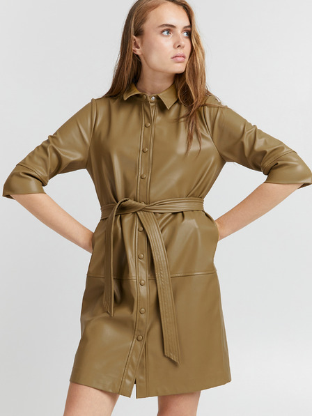 ICHI Khakifarbenes Lederhemdkleid mit Krawatte ICHI
