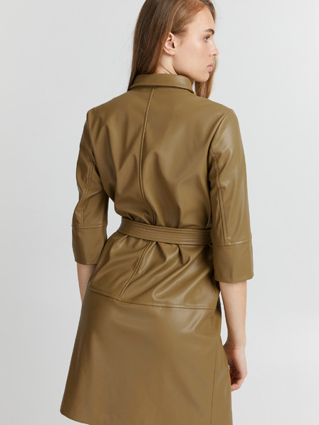 ICHI Khakifarbenes Lederhemdkleid mit Krawatte ICHI