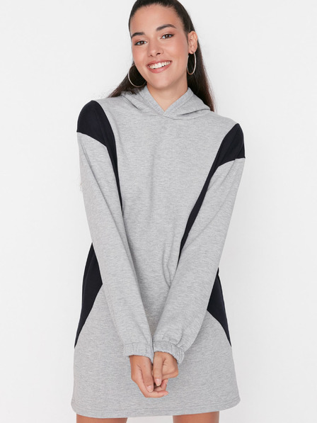 Trendyol Schwarz-grau gestreiftes Sweatshirt-Kleid mit Kapuze Trendyol