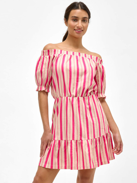 Orsay Rosa gestreiftes Leinenkleid mit ausgestellten Schultern ORSAY