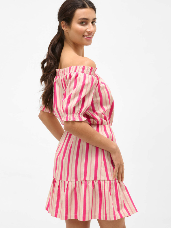 Orsay Rosa gestreiftes Leinenkleid mit ausgestellten Schultern ORSAY