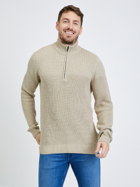 Blend Beigefarbener Herren-Rippstrickpullover