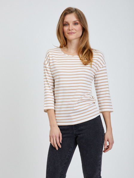 Orsay Beige gestreiftes T-Shirt mit Dreiviertel Ärmeln ORSAY