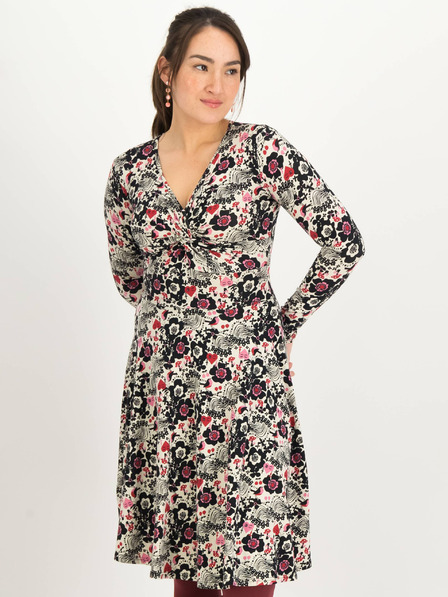 Blutsgeschwister Schwarzes und beigefarbenes geblümtes Damenkleid Blutsgeschwister Hot Knot