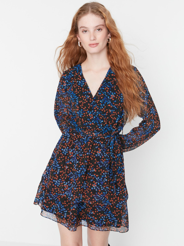 Trendyol Blau-schwarzes geblümtes Damenkleid mit Krawatte Trendyol