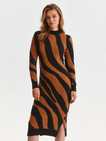 TOP SECRET Schwarzes und braunes gemustertes Pulloverkleid für Damen mit Schlitzen TOP SECRET