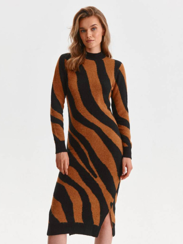 TOP SECRET Schwarzes und braunes gemustertes Pulloverkleid für Damen mit Schlitzen TOP SECRET